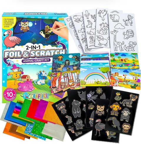 Craftikit ® فن رقائق الحيوانات وفن خدش قوس قزح للأطفال - مجموعة الفنون والحرف 2 في 1 للأطفال الذين تتراوح أعمارهم بين 4 و10 سنوات - هدايا للفتيات والفتيان والأطفال الصغار الذين تتراوح أعمارهم بين 4 و5 و6 و7 و8 و9 و10 سنوات in Kuwait