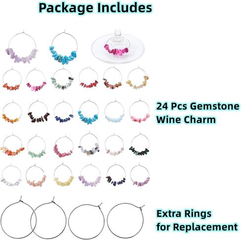 Pride & par 24 Pcs Nature Gemstone Beads Wine Charms for Glasses,Wine Glass Markers,Drink Markers for Stem Glasses,Wine Glass Decoration for Weddings,Parties in Saudi Arabia