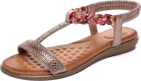 Bernal Women’s Flat Sandals Rhinestone & Flower Cloth Braided Comfort Bohemian Elastic Ankle Strap Walking Sandals Summer Dressy Beach Shoes in Kuwait