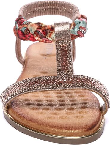 Bernal Women’s Flat Sandals Rhinestone & Flower Cloth Braided Comfort Bohemian Elastic Ankle Strap Walking Sandals Summer Dressy Beach Shoes in Kuwait