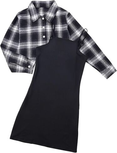 ملابس الفتيات قطعتين سترة قصيرة وفستان كامي بدون أكمام وقميص منقوش للأطفال والفتيات المراهقات من 7 إلى 12 سنة in Kuwait