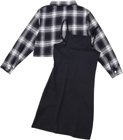 ملابس الفتيات قطعتين سترة قصيرة وفستان كامي بدون أكمام وقميص منقوش للأطفال والفتيات المراهقات من 7 إلى 12 سنة in Kuwait