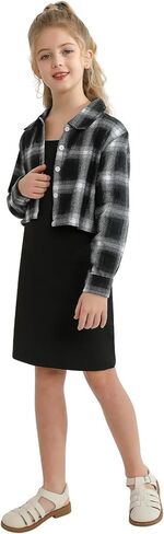 ملابس الفتيات قطعتين سترة قصيرة وفستان كامي بدون أكمام وقميص منقوش للأطفال والفتيات المراهقات من 7 إلى 12 سنة in Kuwait