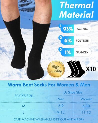 10 Pairs Winter Thermal Socks for Men Warm Boot Socks Bulk Soft Ski Thick Socks for Men Cold Weather Hiking, Black, Men's US Shoe Size 9-13 in Saudi Arabia