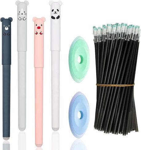 WANGYZJ 0.5mm Cute Erasable Pens, Panda Pens, Animal Rollerball Gel Ink Pens, Include 4 Pens, 50 Refills & 2 Eraser, for Kids Office School Supplies (Erasable Pens Black), 56 Piece Set in Saudi Arabia
