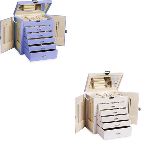 Frebeauty Large Jewelry Box Bundle:Multi-functional Storage Case with 5 Drawers for Earrings Necklace Bracelets Watches and Sunglasses for Women Girls (Purple White) in Kuwait