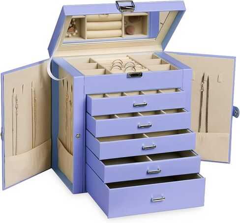 Frebeauty Large Jewelry Box Bundle:Multi-functional Storage Case with 5 Drawers for Earrings Necklace Bracelets Watches and Sunglasses for Women Girls (Purple White) in Kuwait