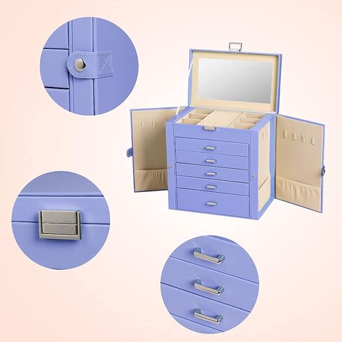 Frebeauty Large Jewelry Box Bundle:Multi-functional Storage Case with 5 Drawers for Earrings Necklace Bracelets Watches and Sunglasses for Women Girls (Purple White) in Kuwait