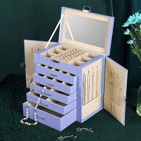Frebeauty Large Jewelry Box Bundle:Multi-functional Storage Case with 5 Drawers for Earrings Necklace Bracelets Watches and Sunglasses for Women Girls (Purple White) in Kuwait