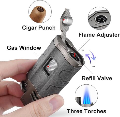 Cigar Torch Lighter, 3-Jet, Windproof, with Cigar Punch (Gray) in Kuwait