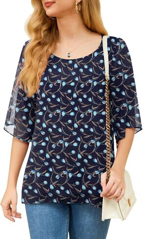Feiersi Womens Casual Scoop Neck Blouses 3/4 Sleeve Chiffon Dressy Blouse Tops Shirts in Kuwait