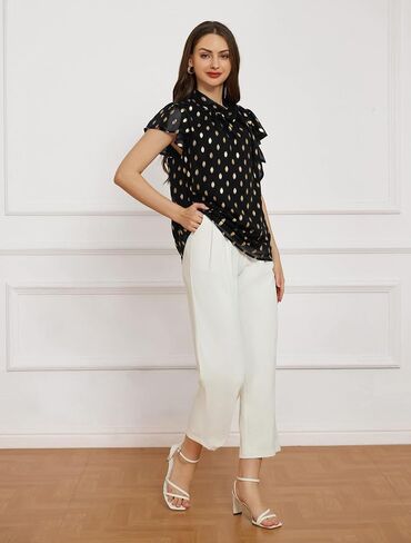 GRACE KARIN Summer Tops for Women 2024 Ruffle Sleeve Tie Neck Blouse Pleated Mock Neck Chiffon Business Casual Shirt in Saudi Arabia