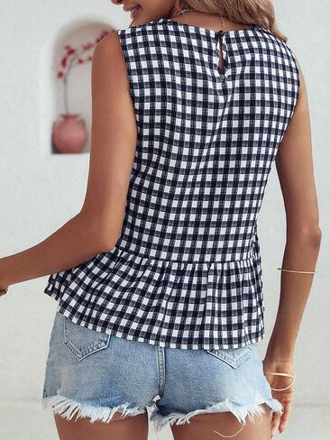 Floerns Women's Gingham Print Sleeveless Round Neck Ruffle Hem Peplum Blouse Top in Saudi Arabia
