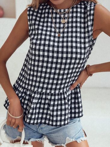 Floerns Women's Gingham Print Sleeveless Round Neck Ruffle Hem Peplum Blouse Top in Saudi Arabia