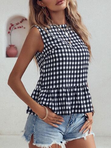 Floerns Women's Gingham Print Sleeveless Round Neck Ruffle Hem Peplum Blouse Top in Saudi Arabia