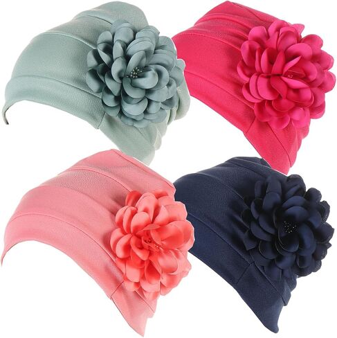 2 Pieces Womens Turban Three Flower Plicate Caps Vintage Beanie Headscarf Bonnet Elastic Headwrap Hat in Saudi Arabia