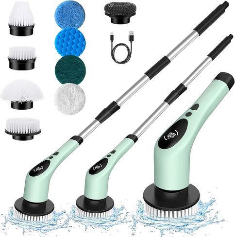 Electric Spin Scrubber, Cordless Cleaning Brush with Adjustable Extension Arm 9 Replaceable Cleaning Heads, LED Screen Voice 3 Adjustable Speeds Power Shower Scrubber for Bathroom, Tub, Tile, Floor in Saudi Arabia