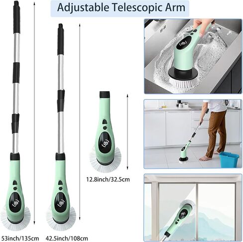Electric Spin Scrubber, Cordless Cleaning Brush with Adjustable Extension Arm 9 Replaceable Cleaning Heads, LED Screen Voice 3 Adjustable Speeds Power Shower Scrubber for Bathroom, Tub, Tile, Floor in Saudi Arabia