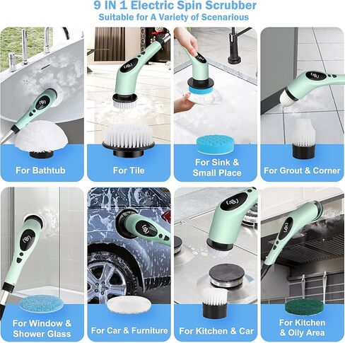 Electric Spin Scrubber, Cordless Cleaning Brush with Adjustable Extension Arm 9 Replaceable Cleaning Heads, LED Screen Voice 3 Adjustable Speeds Power Shower Scrubber for Bathroom, Tub, Tile, Floor in Saudi Arabia