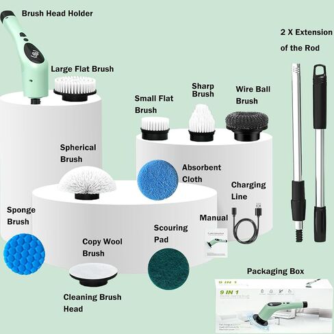 Electric Spin Scrubber, Cordless Cleaning Brush with Adjustable Extension Arm 9 Replaceable Cleaning Heads, LED Screen Voice 3 Adjustable Speeds Power Shower Scrubber for Bathroom, Tub, Tile, Floor in Saudi Arabia