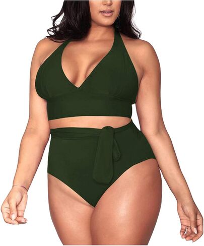 Kisscynest Women's Plus Size High Waisted Swimsuit Halter Bikini Knotted Bottom Bathing Suits Swimswear in Saudi Arabia