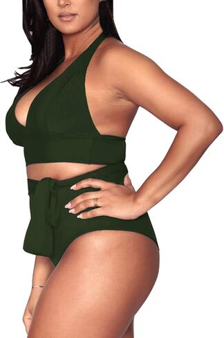 Kisscynest Women's Plus Size High Waisted Swimsuit Halter Bikini Knotted Bottom Bathing Suits Swimswear in Saudi Arabia