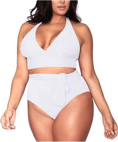 Kisscynest Women's Plus Size High Waisted Swimsuit Halter Bikini Knotted Bottom Bathing Suits Swimswear in Saudi Arabia