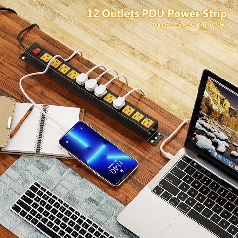 12 Outlet Metal Power Strip, 19inch Rack Mount Heavy Duty Power Strip for Network Cabinet Garage Workbench, 6ft SJT 16AWG Power Cord, Black in Saudi Arabia