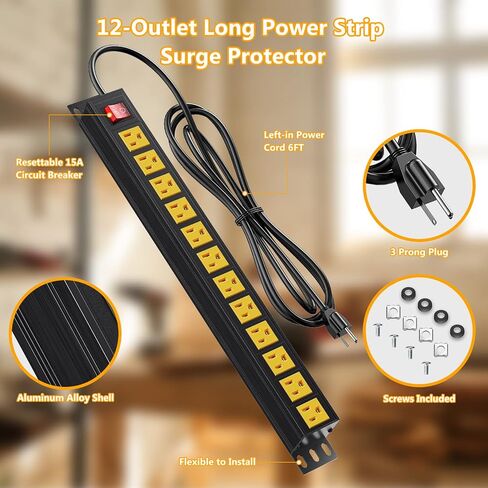 12 Outlet Metal Power Strip, 19inch Rack Mount Heavy Duty Power Strip for Network Cabinet Garage Workbench, 6ft SJT 16AWG Power Cord, Black in Saudi Arabia