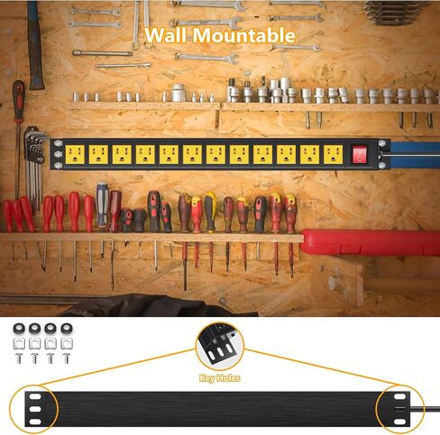 12 Outlet Metal Power Strip, 19inch Rack Mount Heavy Duty Power Strip for Network Cabinet Garage Workbench, 6ft SJT 16AWG Power Cord, Black in Saudi Arabia