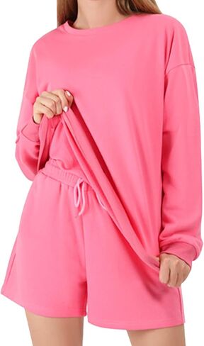 Women's 2 Piece Outfits Lounge Sets Casual Sweatshirt Shorts Loungewear Sweatsuit Set in Saudi Arabia