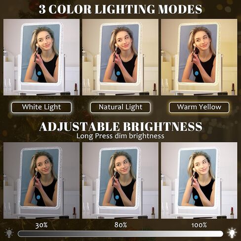مرآة مكياج Vlsrka Vanity مع أضواء، مرآة مكياج مضيئة للمكتب/الطاولة، مرآة مستطيلة مضيئة مع 3 أوضاع إضاءة ملونة وسطوع قابل للتعديل 13.6 بوصة × 16 بوصة (أبيض) in Kuwait