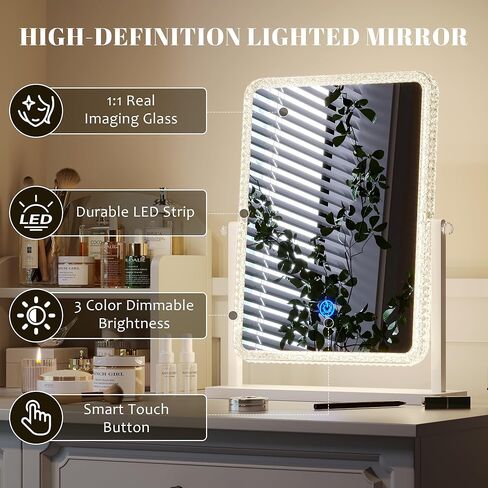 مرآة مكياج Vlsrka Vanity مع أضواء، مرآة مكياج مضيئة للمكتب/الطاولة، مرآة مستطيلة مضيئة مع 3 أوضاع إضاءة ملونة وسطوع قابل للتعديل 13.6 بوصة × 16 بوصة (أبيض) in Kuwait