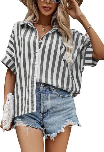 SOLY HUX Women's Striped Button Down Shirt Short Sleeve Summer Blouse Top in Saudi Arabia