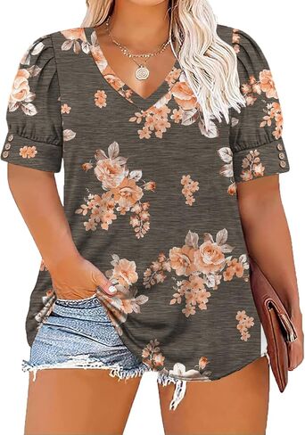 Women's Button Plus Size Tops Pleated Puff Sleeve V Neck Blouses Summer Casual Tunic T Shirt in Saudi Arabia