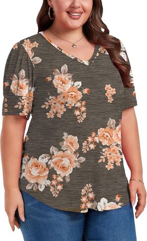 Women's Button Plus Size Tops Pleated Puff Sleeve V Neck Blouses Summer Casual Tunic T Shirt in Saudi Arabia