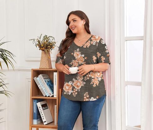 Women's Button Plus Size Tops Pleated Puff Sleeve V Neck Blouses Summer Casual Tunic T Shirt in Saudi Arabia