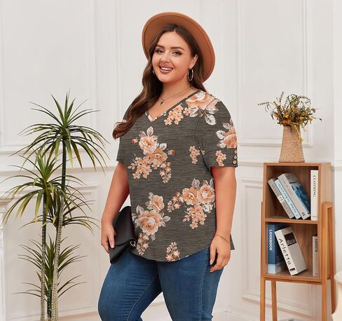 Women's Button Plus Size Tops Pleated Puff Sleeve V Neck Blouses Summer Casual Tunic T Shirt in Saudi Arabia