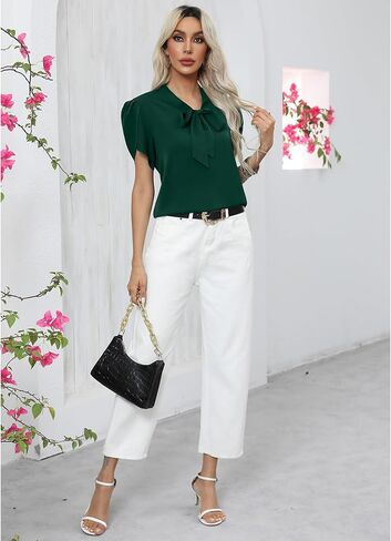 CZYINXIAN Women's Casual Petal Short Sleeve Chiffon Shirts Elegant Bow Tie Knot Business Top Blouse in Saudi Arabia