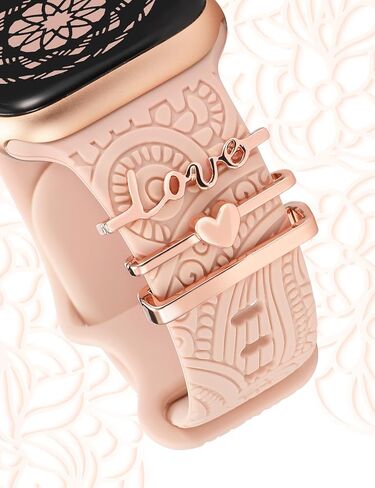 (Include Band) Decorative Ring Loops Compatible with Apple Watch Band Charms 41mm 40mm 38mm 42mm 44mm 45mm 49mm Women, Boho Engraved Silicone Dressy Strap for iWatch Series 9 Ultra SE 8 7 6 5 4 3 2 1 in Saudi Arabia