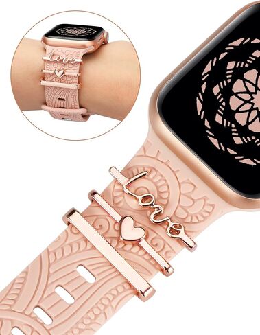 (Include Band) Decorative Ring Loops Compatible with Apple Watch Band Charms 41mm 40mm 38mm 42mm 44mm 45mm 49mm Women, Boho Engraved Silicone Dressy Strap for iWatch Series 9 Ultra SE 8 7 6 5 4 3 2 1 in Saudi Arabia