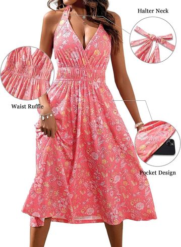 فساتين Loemes هالتر ميدي للشمس للنساء 2024 فستان صيفي زهري مع جيب in Kuwait