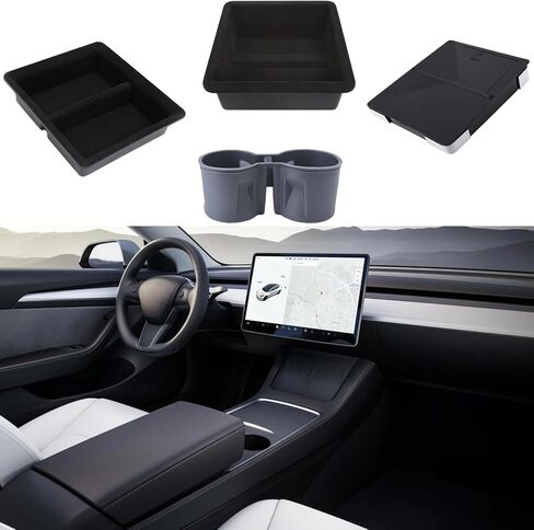 4 قطع صينية تنظيم وحدة التحكم المركزية متوافقة مع ملحقات Tesla Model 3 Model Y 2023 2022 2021، مسند الذراع، صندوق تخزين درج مخفي، حامل أكواب، ملحقات داخلية in Kuwait