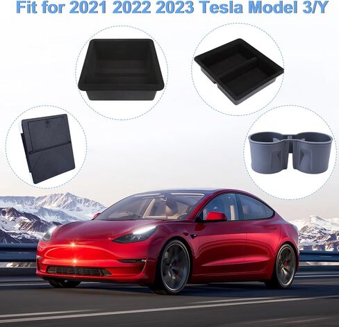 4 قطع صينية تنظيم وحدة التحكم المركزية متوافقة مع ملحقات Tesla Model 3 Model Y 2023 2022 2021، مسند الذراع، صندوق تخزين درج مخفي، حامل أكواب، ملحقات داخلية in Kuwait