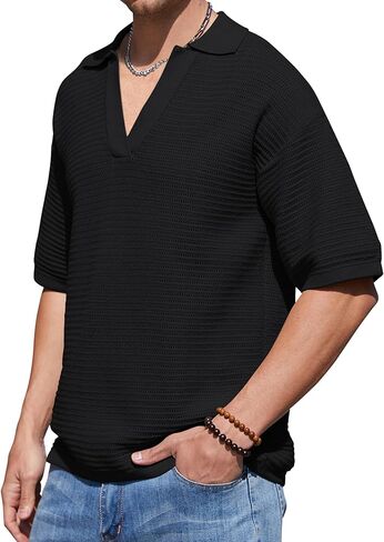 قمصان بولو رجالي بأكمام قصيرة ورقبة على شكل V قميص منسوج للنساء مفرغ غير رسمي فضفاض للجنسين لصيف 2024 in Kuwait