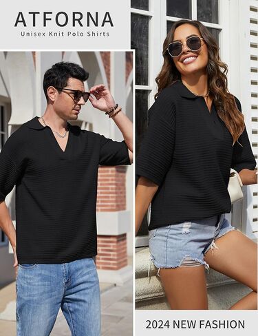 قمصان بولو رجالي بأكمام قصيرة ورقبة على شكل V قميص منسوج للنساء مفرغ غير رسمي فضفاض للجنسين لصيف 2024 in Kuwait