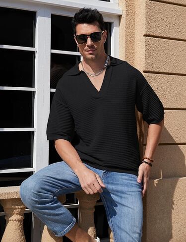 قمصان بولو رجالي بأكمام قصيرة ورقبة على شكل V قميص منسوج للنساء مفرغ غير رسمي فضفاض للجنسين لصيف 2024 in Kuwait