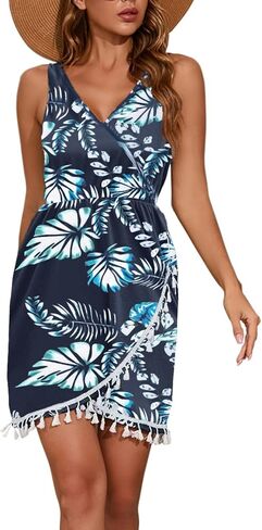 Womens Summer Dresses Wrap V Neck Sleeveless Sundress Beach Boho Flare Tank Dress with Pockets in Saudi Arabia