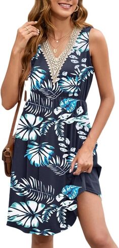Womens Summer Dresses Wrap V Neck Sleeveless Sundress Beach Boho Flare Tank Dress with Pockets in Saudi Arabia