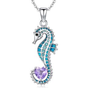 LONAGO Seahorse Necklace for Women 925 Sterling Silver Blue Seahorse Holding Heart Shaped Birthstone Pendant Necklace